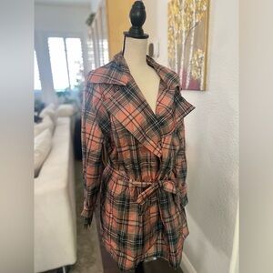 Avenue - coral pink plaid rainproof trench coat